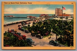 Postcard Galveston TX c1948 View on Beach Front Old Cars Pier Ocean View Linen - Photo 1/2