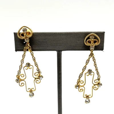 Vintage CELEBRITY NY Clip On Rhinestone Dangle Earrings Costume Jewelry Goldtone - Image 1 of 4