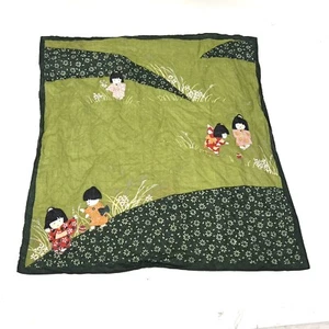 Vintage Japanese Geisha Scarf 16" square Textile Art Decor Green Floral Design - Picture 1 of 7