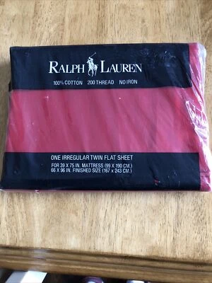 RARE RALPH LAUREN RED Twin FLAT SHEET Irregular No Iron 100% Cotton - Image 1 of 2