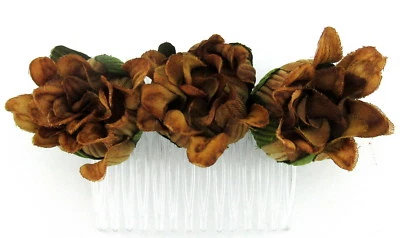 Peine de pelo triple café marrón Dahlia Bud poli seda flor, pin up, updo, rockabilly Foto 1 de 2