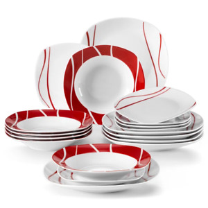 Red/White Ceramic18 Piece Dinnerware Set Table Bowl Plate Dishwasher/ Oven Safe 