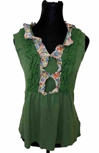 Anthropologie Deletta Top Sz S Green Ruffle Floral Collar Sleeveless Y2K Boho - Picture 1 of 9