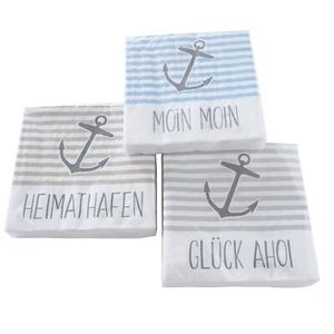 3 x 20 Servietten maritim Anker Streifen - Moin Moin / Heimathafen / Glück Ahoi - Bild 1 von 1