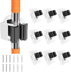 Adhesive Broom Holder Wall Mount - 9 Pack White Mop Hanger Cleaning Tools Handle - Picture 1 of 12