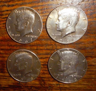 VINTAGE KENNEDY HALF DOLLAR 40% SILVER LOT OF 4 COINS CIRCULATED - Image 1 of 4