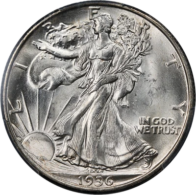 Walking Liberty 1936-D media graduación profesional MS64 gema blanca brillante buen golpe Foto 1 de 4