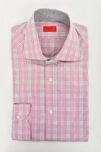 NWT ISAIA Pink Plaid Cotton Classic Fit Point Collar Dress Shirt 15 1/2 39 - Picture 1 of 6