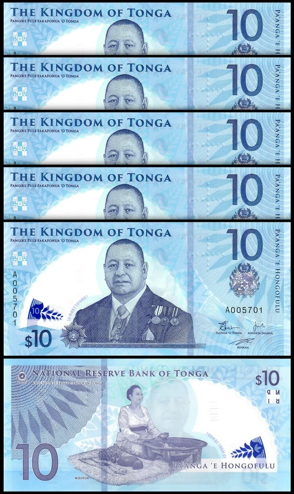 Tonga 10 Pa'anga 2023 2024, UNC, 5 Pcs LOT, Consecutive, Polymer, NEW DESIGN A00 - Image 1 of 4