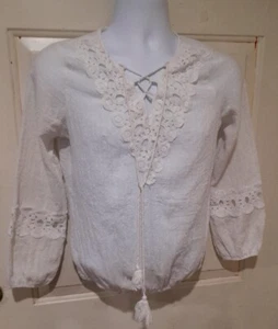 Ember Anthropologie Woven Peasant Top Blouse Shirt Boho Crochet Lace Up Blue XL - Picture 1 of 7