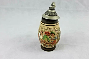 German Beer Stein- Small Size- With Lid- Mountains with Peasants- See Condition - Picture 1 of 10