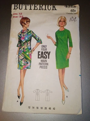 1960's Butterick 4312 Bias-Rolled Collar Dress Sewing Pattern Women Size 12 Vtg. - Image 1 of 3