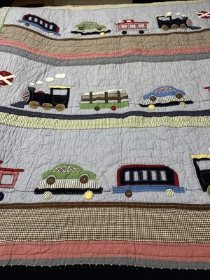 Pottery Barn Kids Twin Quilt Vintage Ryder Train Multicolor 2013 Pre Owned - Image 1 of 4