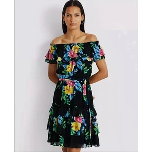 Lauren Ralph Lauren Off-Shoulder Belted Tiers Ruffle Floral Knee Length Dress 16 - Picture 1 of 6