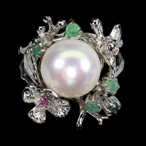 925 Anillo Plata de Ley Redondo Esmeralda Rubí Perla Gema Natural Joyería Talla - Imagen 1 de 14