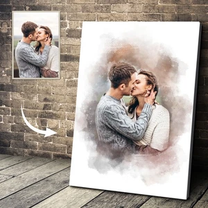 Watercolour Portrait From Photo Custom Romantic Gift For Couples Print Canvas - Picture 1 of 9