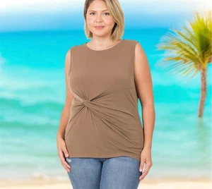 Blusa Top Zenana Para Mujer Talla 2X ~ Mocha ITY Nudo Frontal Sin Mangas - Imagen 1 de 2