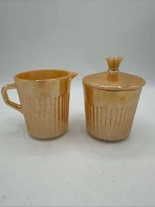 Anchor Hocking Fire King Peach Luster Sugar And Creamer Ribbed Set Of Two Vtg - Picture 1 of 4