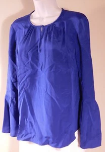 J CREW Women's Blue Keyhole Button Front Flutter Long Sleeved Silk Blouse Sz 8 - Picture 1 of 6