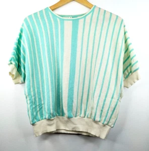 Vintage 80s Women Mint green cream white striped knitted top tee Size 8 10 12 - Picture 1 of 6