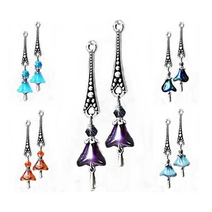 Earrings Czech glass flower long drop choose color and clip on or pierced - Bild 1 von 10