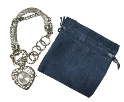 Genebra Platina Bling Coração Charme Pulseira Relógio Ajustável Prata Nova Bateria - Imagem 1 de 4