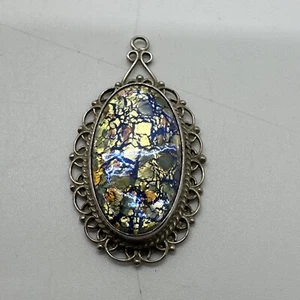Sterling Silver 0950 Signed Oval Art Glass Multi Color Abstract Pendant - Picture 1 of 3