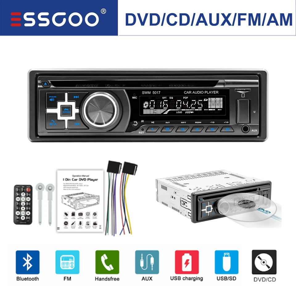 Autoradio mit Bluetooth BT Freisprech 7 Farben 1DIN MP3 Player DVD USB CD Aux FM - Bild 1 von 4