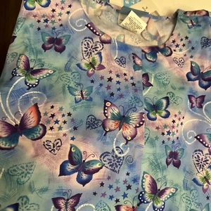 Scrub H.Q. Womans Snap Front Jacket Butterflies Stars Sz L - Picture 1 of 9