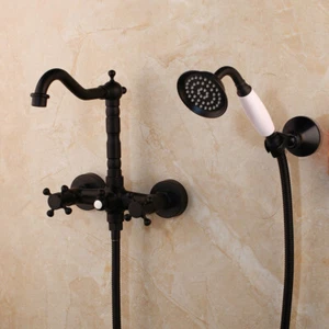 Fregadero lavabo de bronce negro frotado para bañera dos orificios con grifo de grifo en aerosol - Imagen 1 de 7