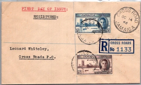 JAMAICA POSTAL HISTORY FDC REG COVER ADDR COMM CANC CROSS ROADS YR'1946 Cover