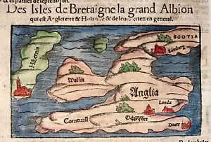 ISOLE BRITANNICHE 1568 SEBASTIAN MUNSTER ANTICA MAPPA INCISA 16 ° SECOLO - Foto 1 di 3