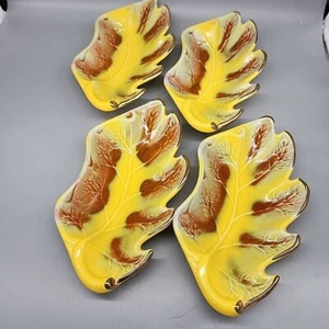 Calif 800 USA Yellow Orange Leaf Serving Dish Gold Trim Vintage MCM Set Of 4 - Picture 1 of 5