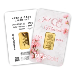 Lingotes de oro 0,1 g gramos, Just Married NZP Gold Germany - regalos de boda NUEVO - Imagen 1 de 3