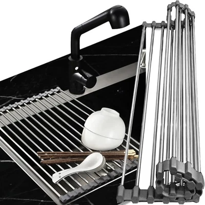 Scolapiatti da Appoggio per Lavello Avvolgibile Pieghevole Griglia Rimovibile - Immagine 1 di 4