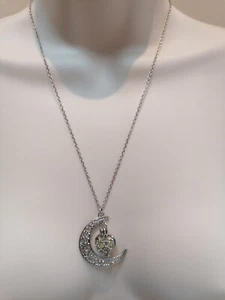 Silver Tone Necklace with Moon & Heart Pendant, Stone Centre, 47cm Chain - Picture 1 of 3