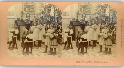 Antique Stereoview Merry Christmas Time Tree Children Holiday Santa Kilburn 1897 - Image 1 of 2