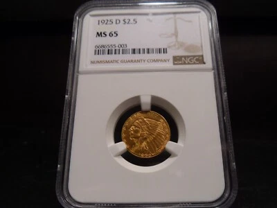 1925-D MS65 $2.50 Gold Indian Quarter Eagle NGC Certified Gem - Bright/Stunning - Image 1 of 4