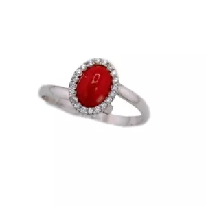 Anello donna argento 925 regolabile corallo rosso ovale e pietre bianche - Foto 1 di 5