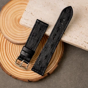 Flat Ostrich Leather Watch Band Genuine Ostrich Watch Strap 20mm 22mm 24mm BLACK - Picture 1 of 9