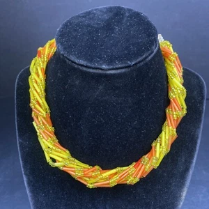 Vintage Yellow Orange Seed Bead Multistrand Choker Necklace Boho Festival Retro - Picture 1 of 6