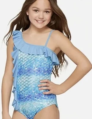 Hermoso traje de baño de una pieza Justice Girls sirena a rayas plateadas azul océano 18 Foto 1 de 4