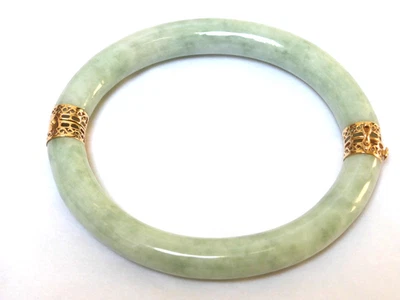 Vintage Chinese Green Jade 14K Gold Bangle, Fits 7"-7.5" - Image 1 of 4
