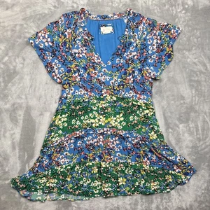 Anthropologie Damen Large Boho Stufen Mini Kleid Blau Grün Blumen Kurzarm - Bild 1 von 8