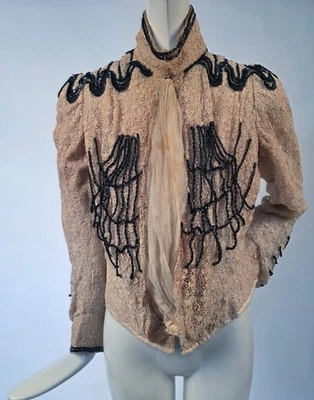 VICTORIAN 1890’S IVORY LACE BODICE W JET BEAD DETAILS + GERMAN LABEL - Image 1 of 4
