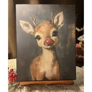 Rudolph Rentier mit roter Nase, süßes Weihnachten, handgefertigtes Künstler-Leinwandschild - Bild 1 von 3