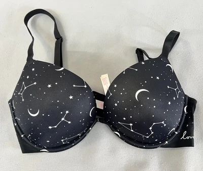 Victoria's Secret ROSA 36D Sujetador Push Up Estrellas Celestiales Plateado Hada Negro Luna Foto 1 de 4