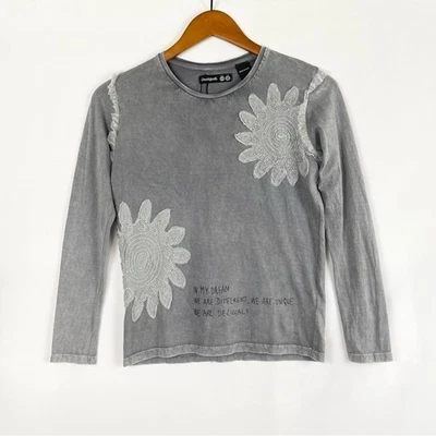 Desigual Floral Long Sleeve Charcoal T Shirt Casual Size 11/12 Gray Cotton - Image 1 of 4