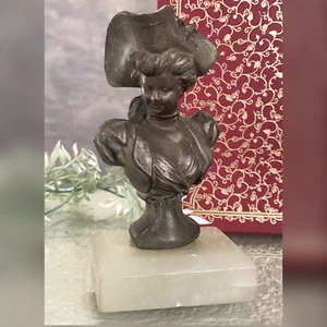 Spelter Bust on Marble Antique Art Nouveau Victorian Woman in Hat Bronzed - Picture 1 of 8