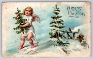 A Merry Christmas, Angel Holding Tree, Antique Embossed Greetings Postcard - Bild 1 von 2